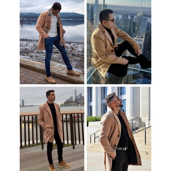 Men's Khaki Wool Blend Pea Coat Notched Collar Breasted Winter Trench Coat - Picture 3 of 8